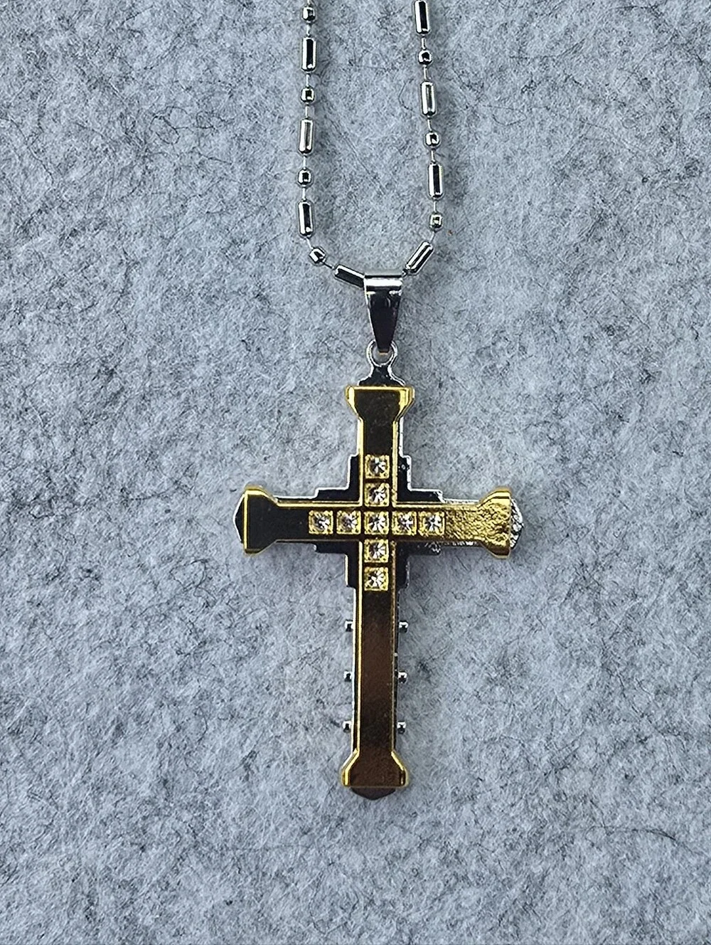 Men’s Gold Stainless Steel Cross Pendant Necklace Christian CZ Crystal Crucifix